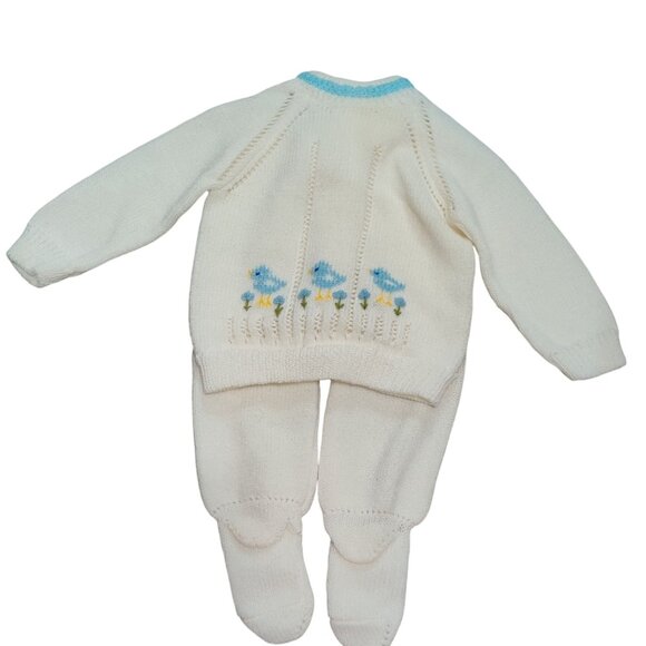 Vitania 12–18M Handmade Vintage Baby Knit Set Sweater Pants Bluebird Mexico Cute - Picture 1 of 11